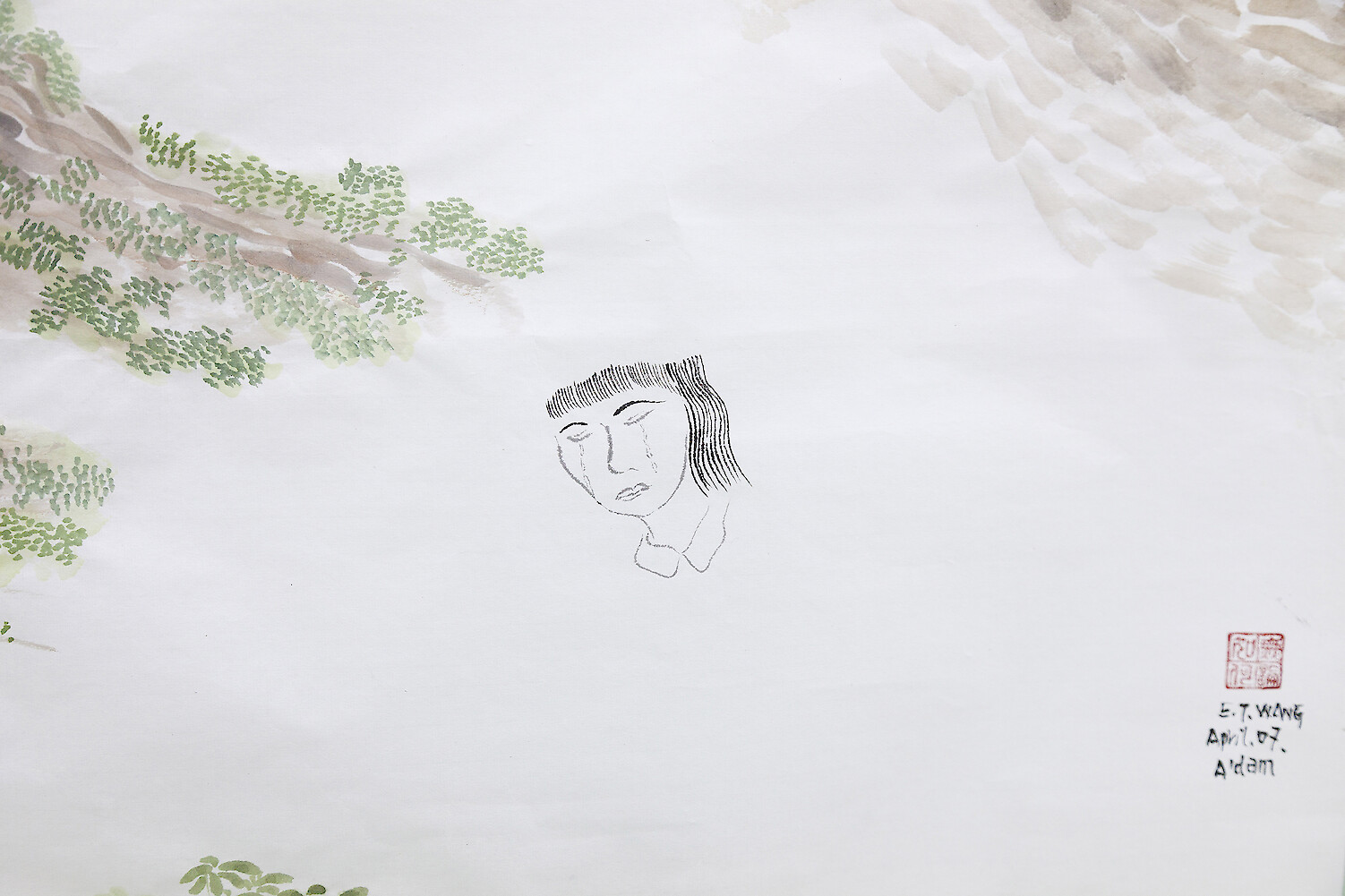 *Bury Flowers*, 2017, ink, mineral color on rice paper, 180 x 96 cm & pencil on A4 paper, 30 x 21 cm