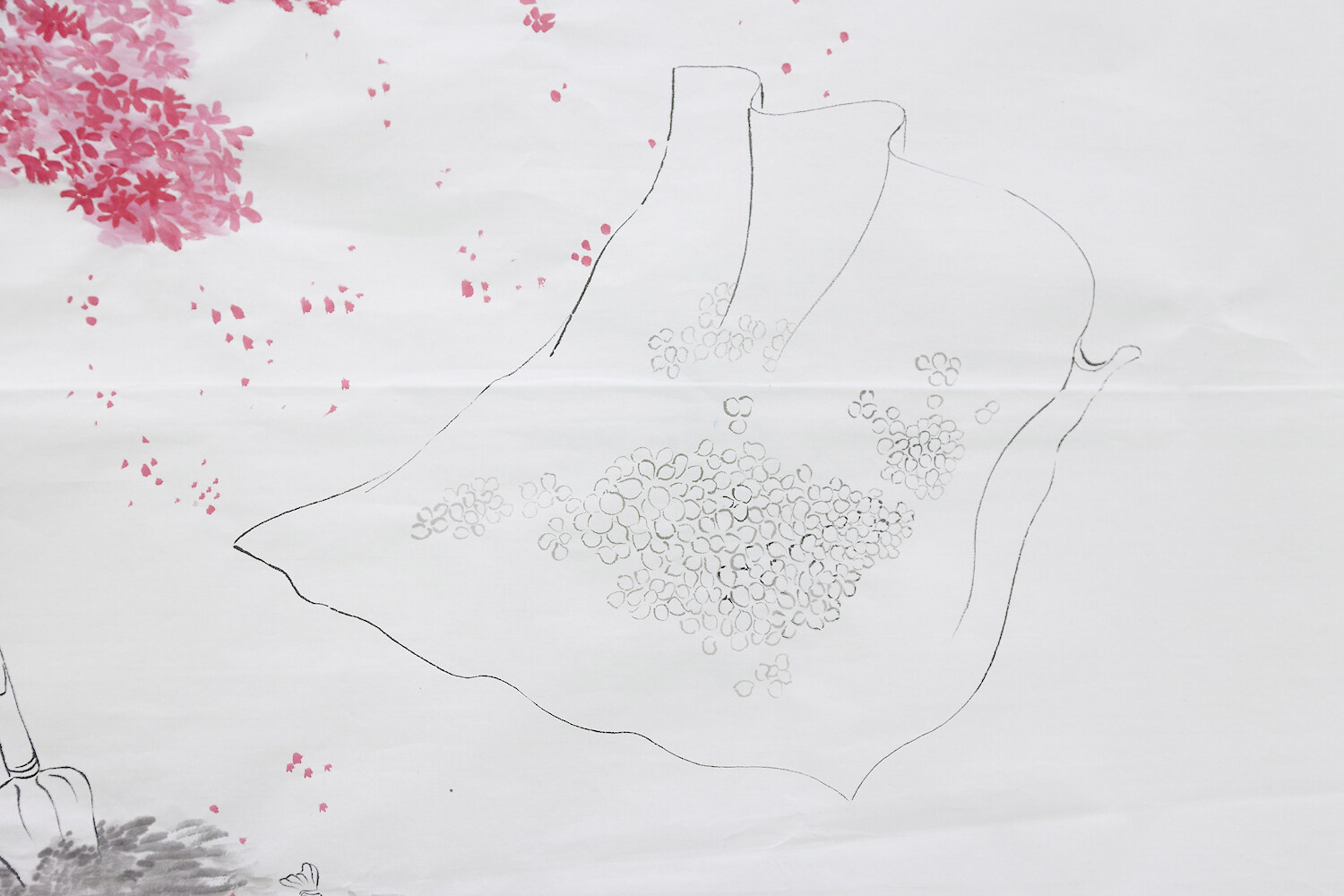*Bury Flowers*, 2017, ink, mineral color on rice paper, 180 x 96 cm & pencil on A4 paper, 30 x 21 cm