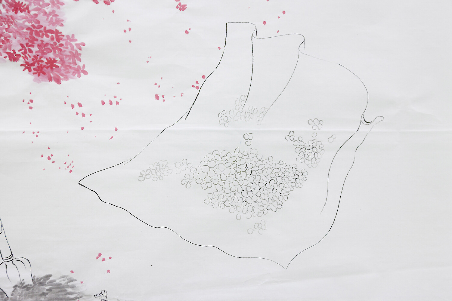 *Bury Flowers*, 2017, ink, mineral color on rice paper, 180 x 96 cm & pencil on A4 paper, 30 x 21 cm