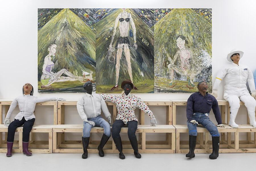 Ouyang Chun, *Flying moths*, 2015, Oil on canvas, 190 x 390 cm overall (190 x 130 cm each))