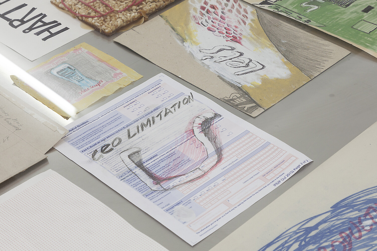 *Harte* (detail view), 2016, Stainless steel vitrine table, Plasteline, Polymer clay, Fruit net, Cereal box, Shellac, Corn, Latex, Correction fluid, Serviette, Ink, Pencil, Marker, Paper, Newsprint, Card, 79 x 110 x 120 cm