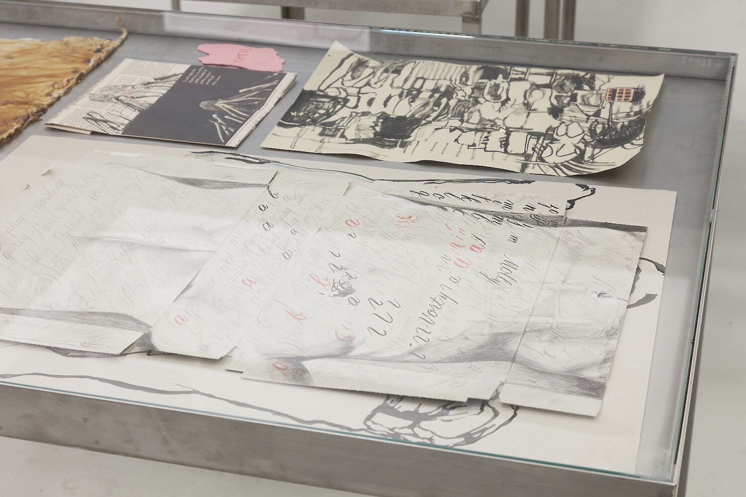 *Total* (detail view), 2016, Stainless steel vitrine table, Latex, Cereal box, Tissue, Calligraphy ink, India ink, Pencil, Paper, Polymer clay, Financial times, 77.5 x 14 x 90 cm