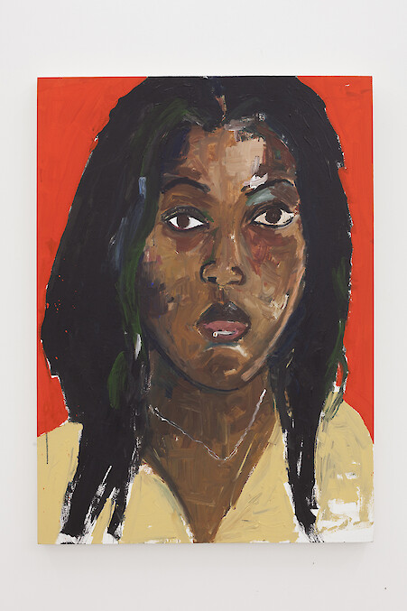 *Untitled (niece in yellow with orange background)*, 2013, Acrylic on canvas, 127 x 91 cm