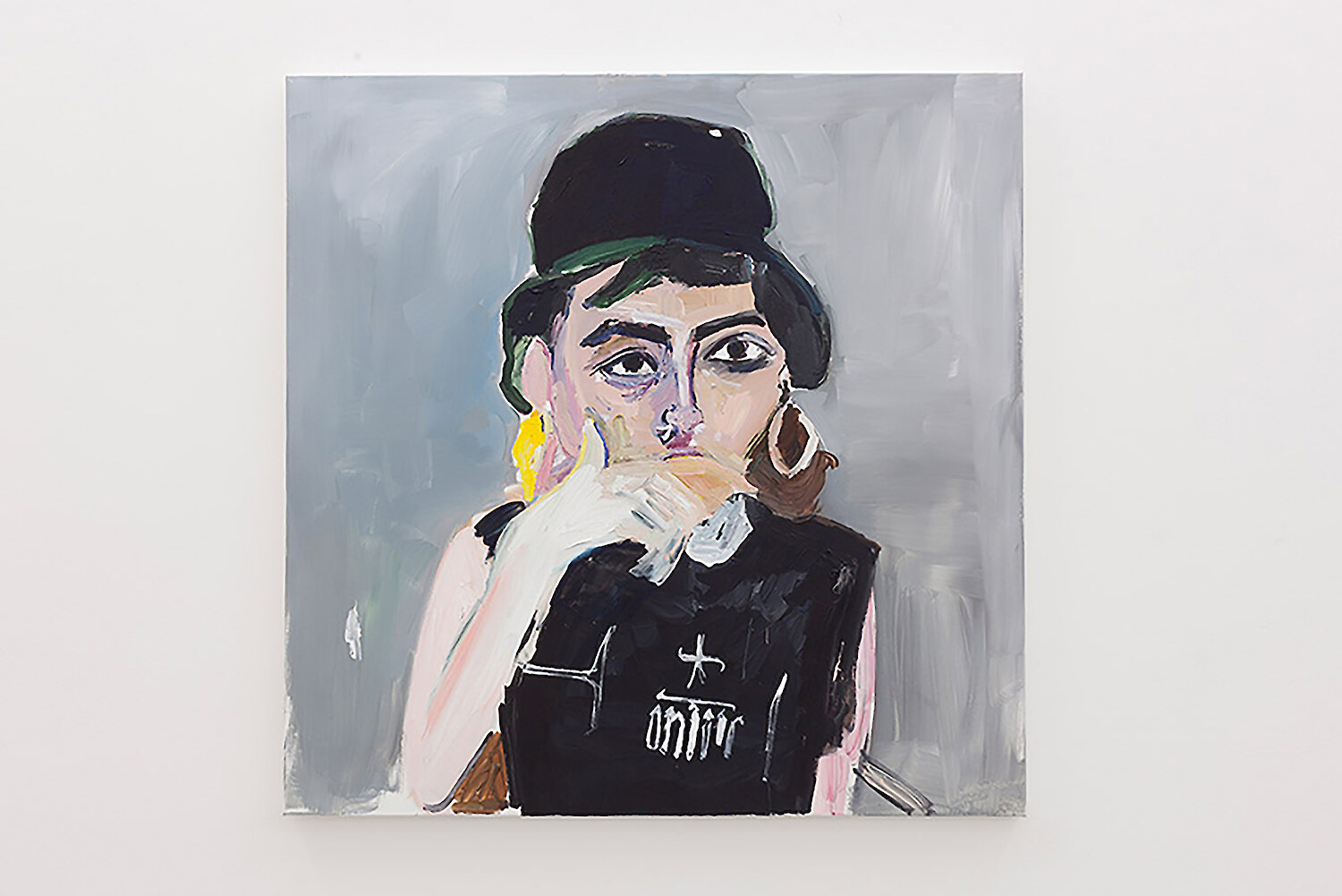 *Untitled (hat with shirt graphic)*, 2015, Acrylic on canvas, 102 x 102 cm