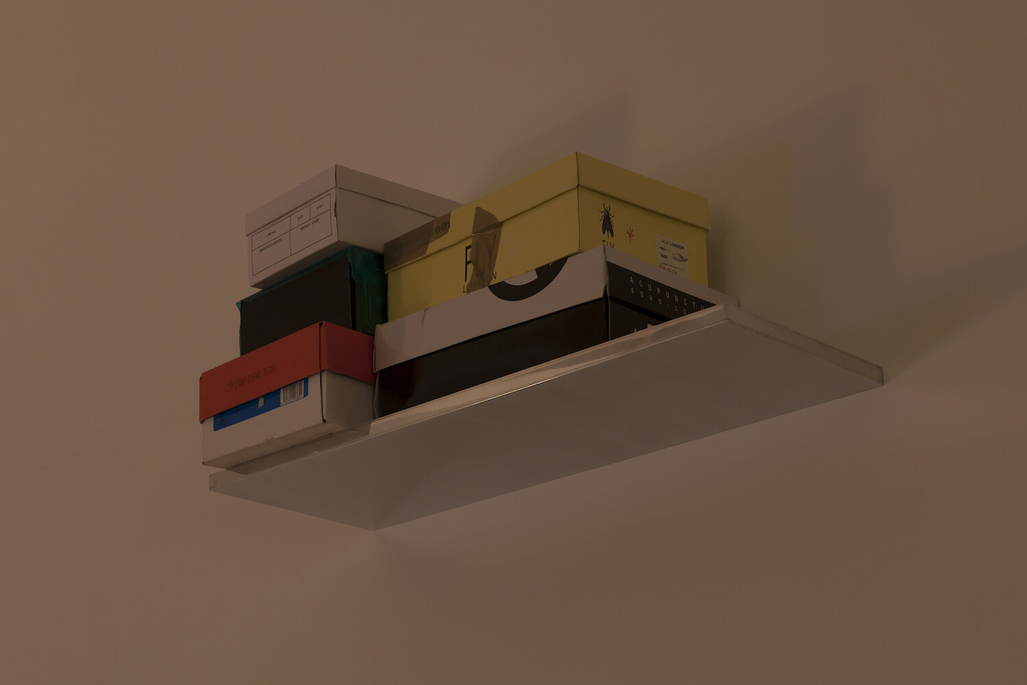 *Whatever Happened to Mixed Media?*, 2015, Aluminium shelf, shoeboxes, personal effects