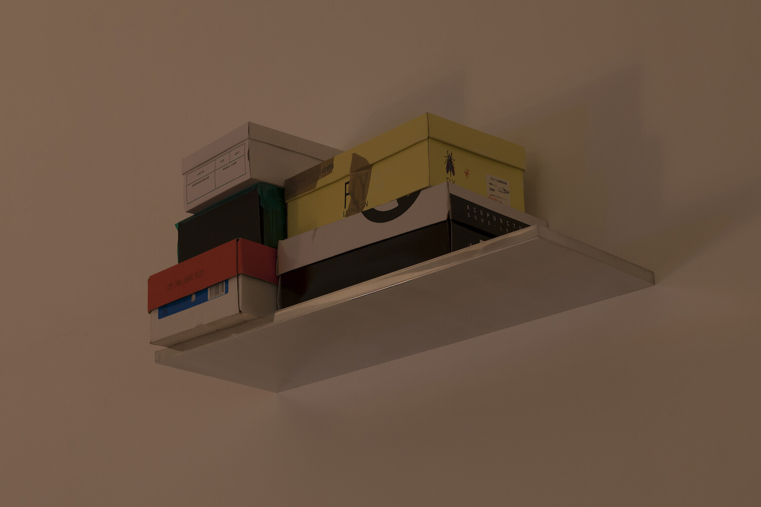 *Whatever Happened to Mixed Media?*, 2015, Aluminium shelf, shoeboxes, personal effects