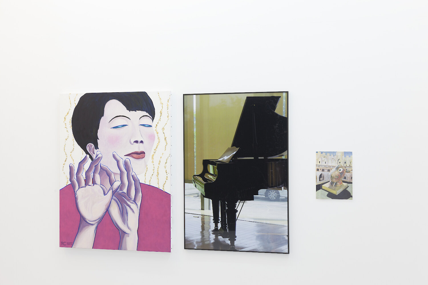 *TLYA 18_Instant magique/TLYA 19_Piano/TLYA 20_Palais des Papes*, 2014, Oil on canvas, C-print and watercolour on paper, 116 x 88 cm, 111 x 74 cm and 32 x 24 cm