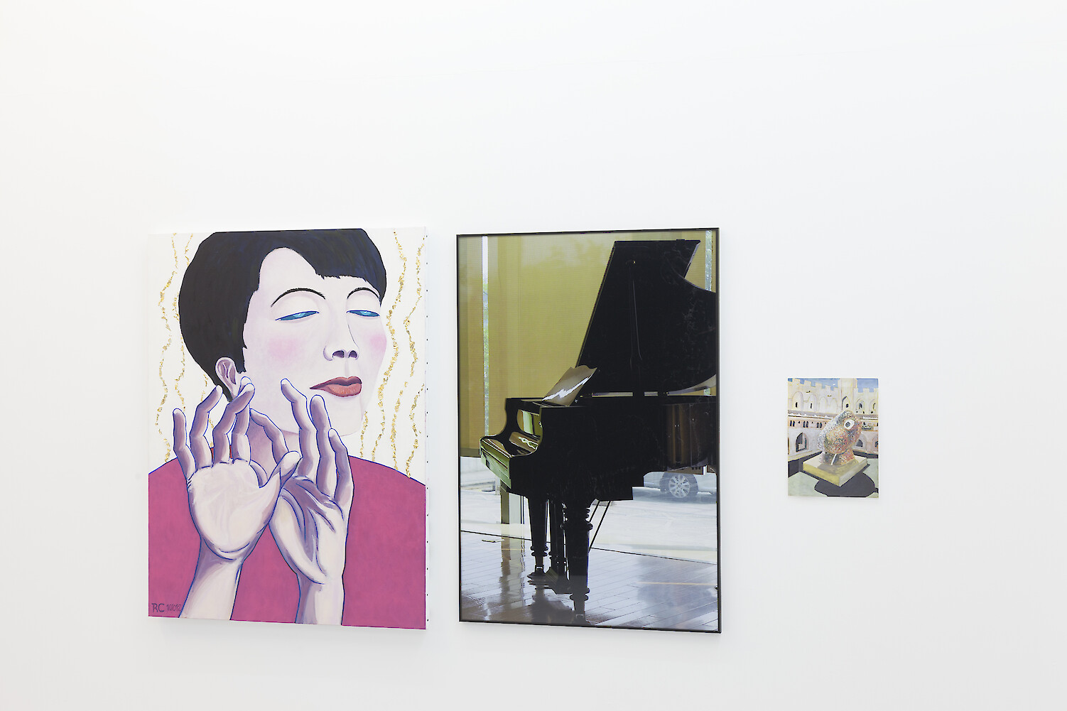 *TLYA 18_Instant magique/TLYA 19_Piano/TLYA 20_Palais des Papes*, 2014, Oil on canvas, C-print and watercolour on paper, 116 x 88 cm, 111 x 74 cm and 32 x 24 cm