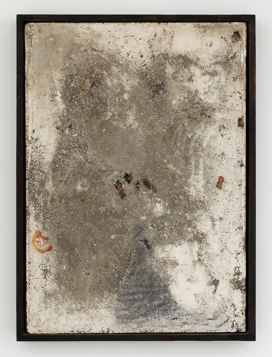 *Sedimentary Sample (Keep it simple, keep it light, paint the walls white)*, 2013, Fired wood, plaster, concrete, floor sweep, coffee, clay, london brick, cardboard, 88 x 62 cm