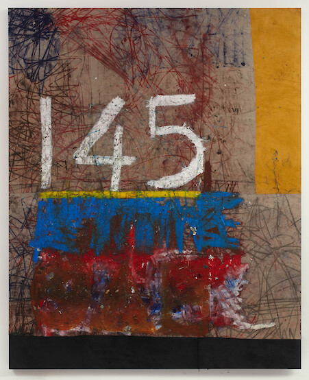*145 hours I clocked in this week*, 2013, Oil paint, oil stick, dirt, 265 x 215 cm