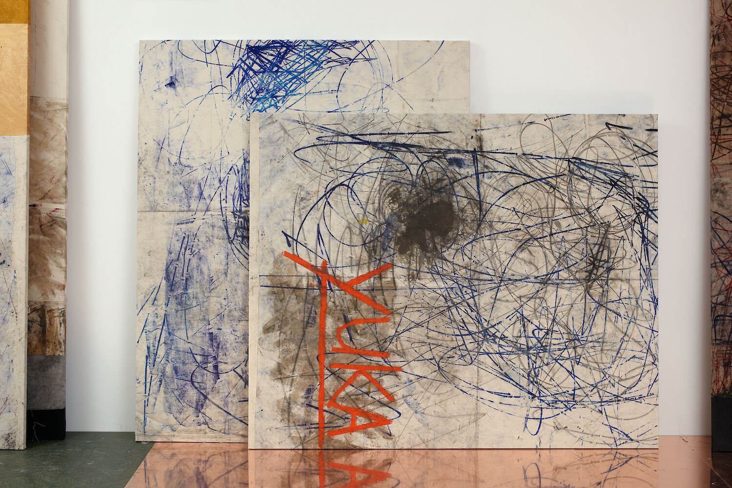 *untitled (stack painting)*, 2013, Oil paint, oil stick, dirt, 195 x 245 cm