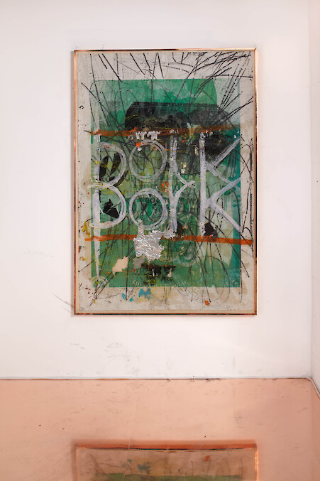 *untitled (la era de la sinceridad)*, 2013, Silkscreen, oil paint, oil stick, aluminium foil, dirt, copper, 155 x 105 cm