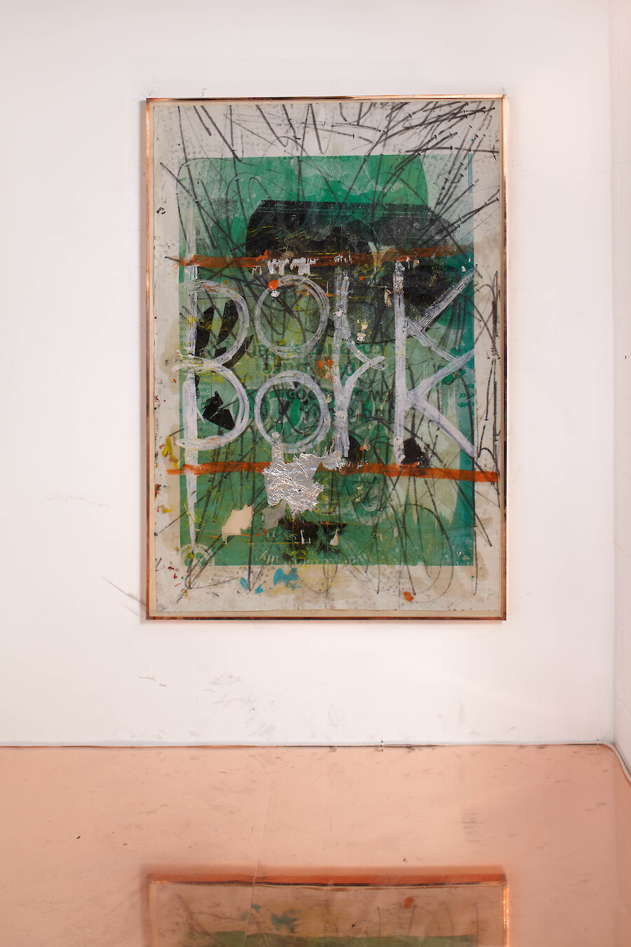 *untitled (la era de la sinceridad)*, 2013, Silkscreen, oil paint, oil stick, aluminium foil, dirt, copper, 155 x 105 cm