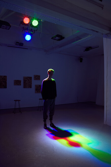 Casper Perrin Yoakum, *Untitled*, 2012, Lights, lift panel, electronic controllers. Engineered by Matt Curtis-Knight