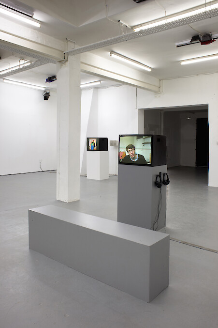 (foreground): Silk Handkerchiefs, *Congratulations Ed Fornieles*, 2009, video, 8:11 min (background): Cindie Cheung, *Eagle Mother*, 2012, digital slideshow, 1:45 min