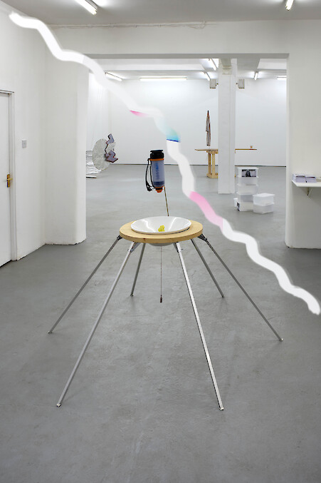 Iain Ball, *RARE EARTH SCULPTURES [Cerium]*, 2012, 4000UF LIFESAVER bottle, filtered tapwater, Indonesian sulphur, lifetechnology.org 'hyperdimensional oscillator' with aluminium, galvanized steel and timber frame