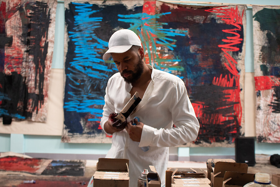 Oscar Murillo in his studio, La Paila, Colombia, 2020 / Photo by Julian Valderrama