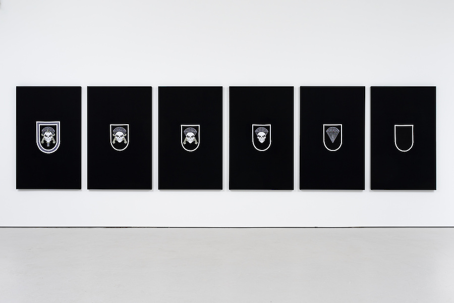 *MP-RJ (OP) (Symbolic Genocide Series)*, 2021, Follmann Borados factory embroidery, 160 x 100 x 4.5 cm each of six panels